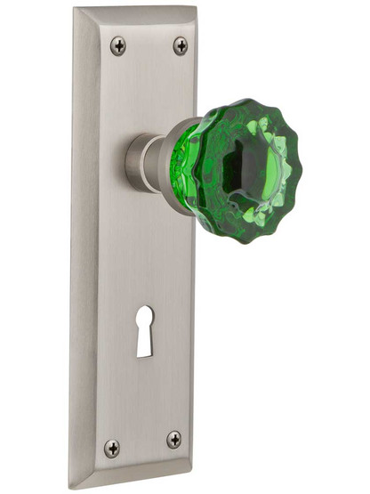 New York Door Set with Keyhole and Colored Fluted Crystal Glass Knobs Emerald in Satin Nickel.